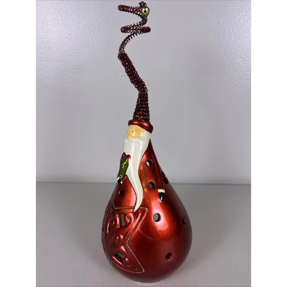 Pier 1 Santa Claus Tea Light Candle Holder Metallic Red Ceramic Figurine Bell